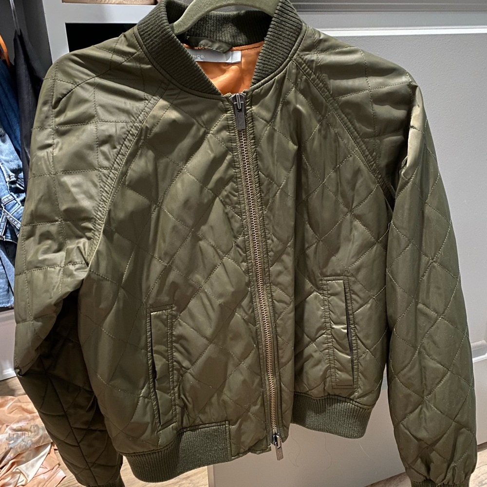VINCE Double Zipper Olive Quilted Bomber Jacket